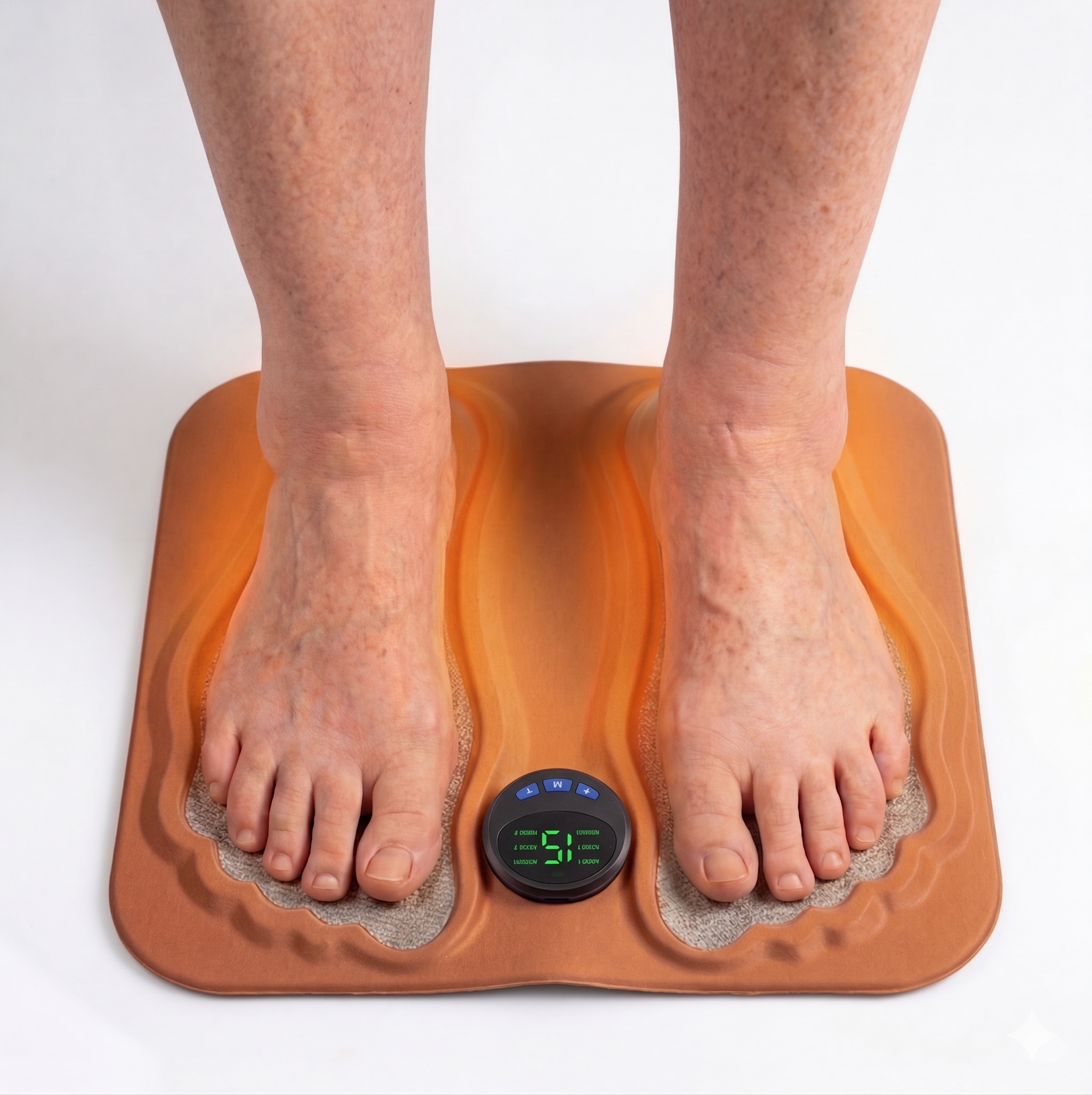 Bare feet resting on the CircuFlow EMS mat