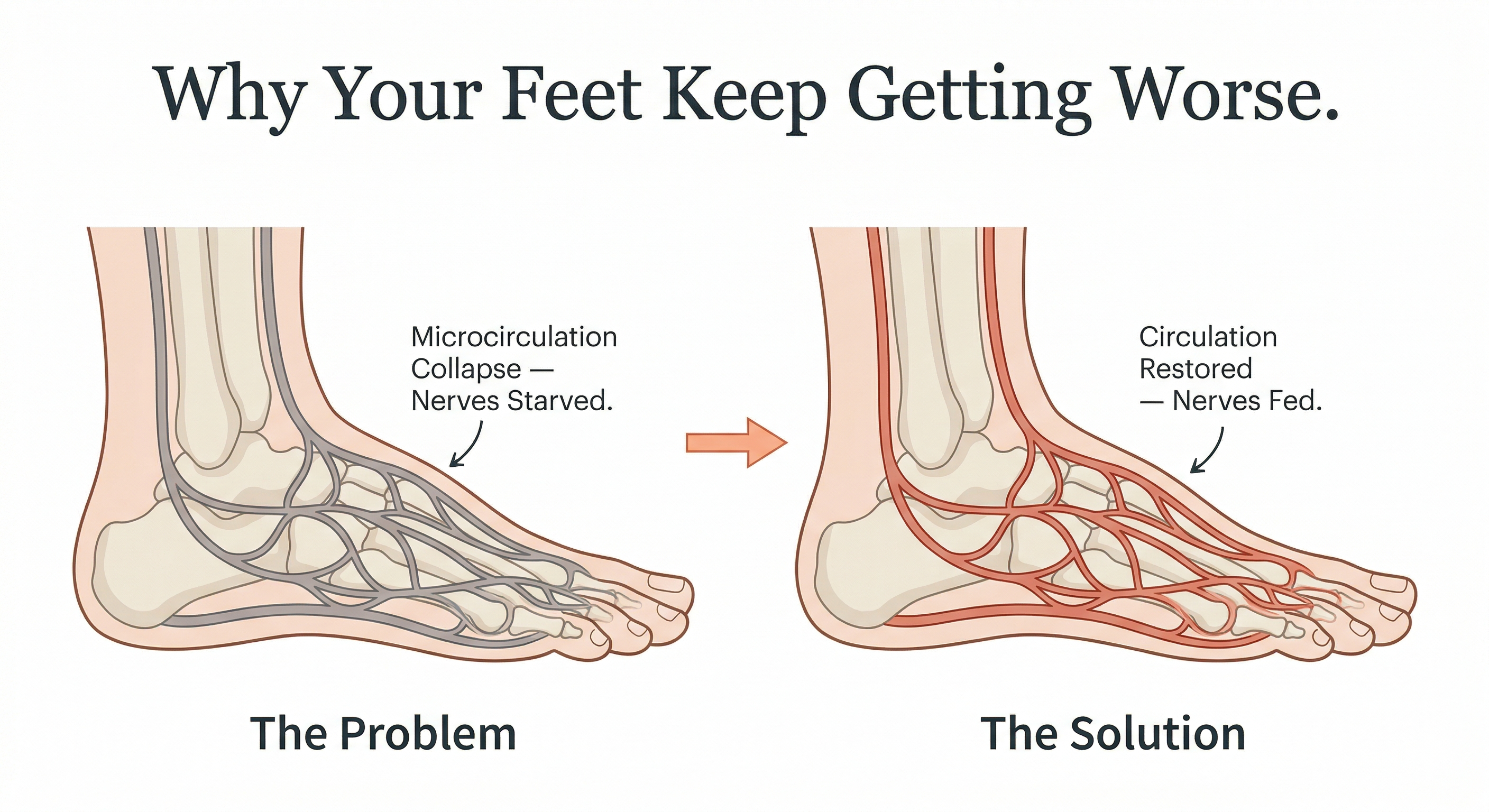 Medical diagram showing microcirculation collapse and restoration in the foot