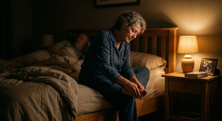 Person suffering from diabetic foot pain unable to sleep