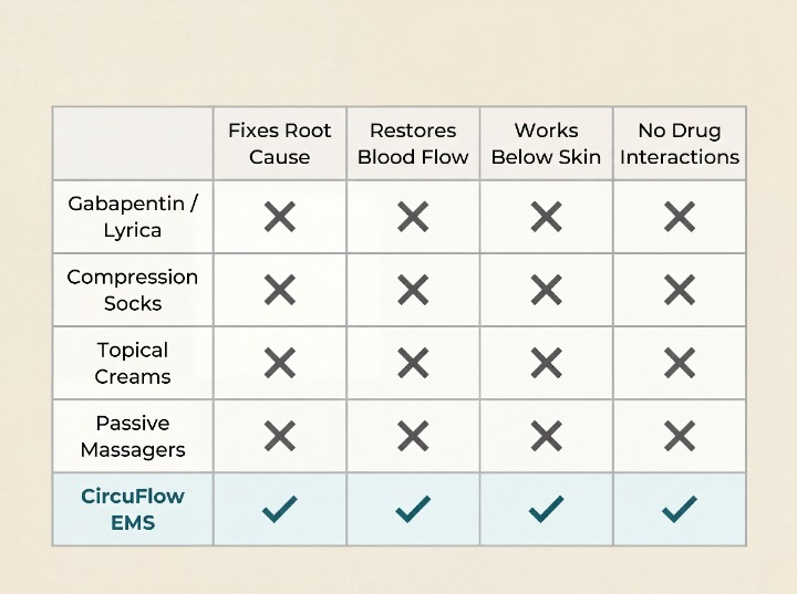 Comparison chart showing pills, creams and socks versus CircuFlow EMS device