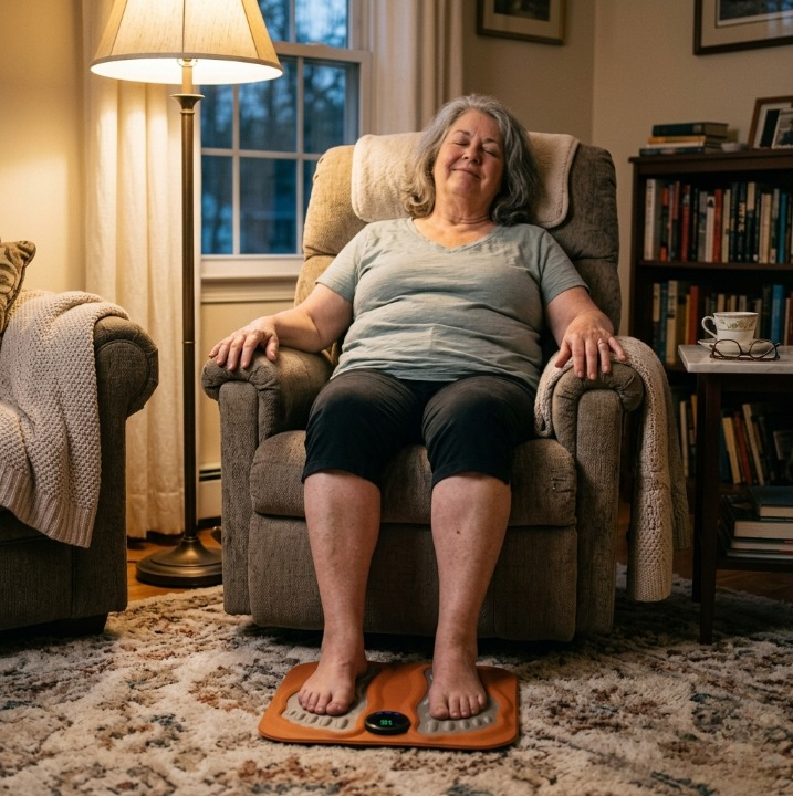 Woman relaxing with CircuFlow foot circulation device in recliner