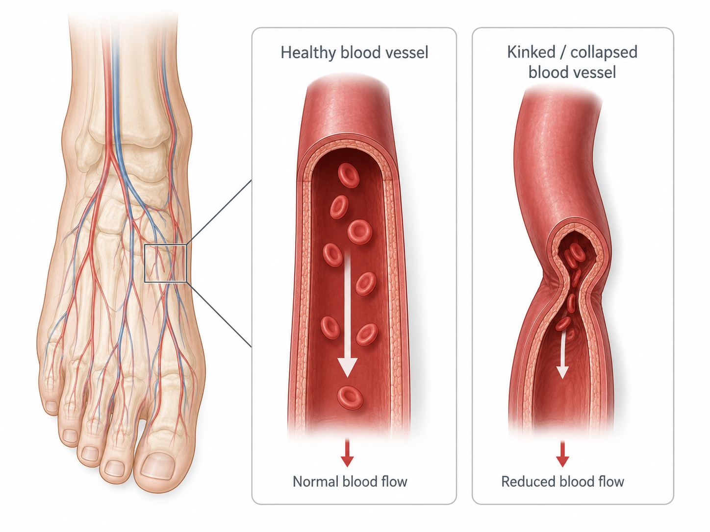 Diagram showing how diabetic microcirculation collapse affects foot nerves