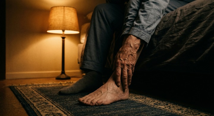 Older woman suffering from diabetic foot pain at night