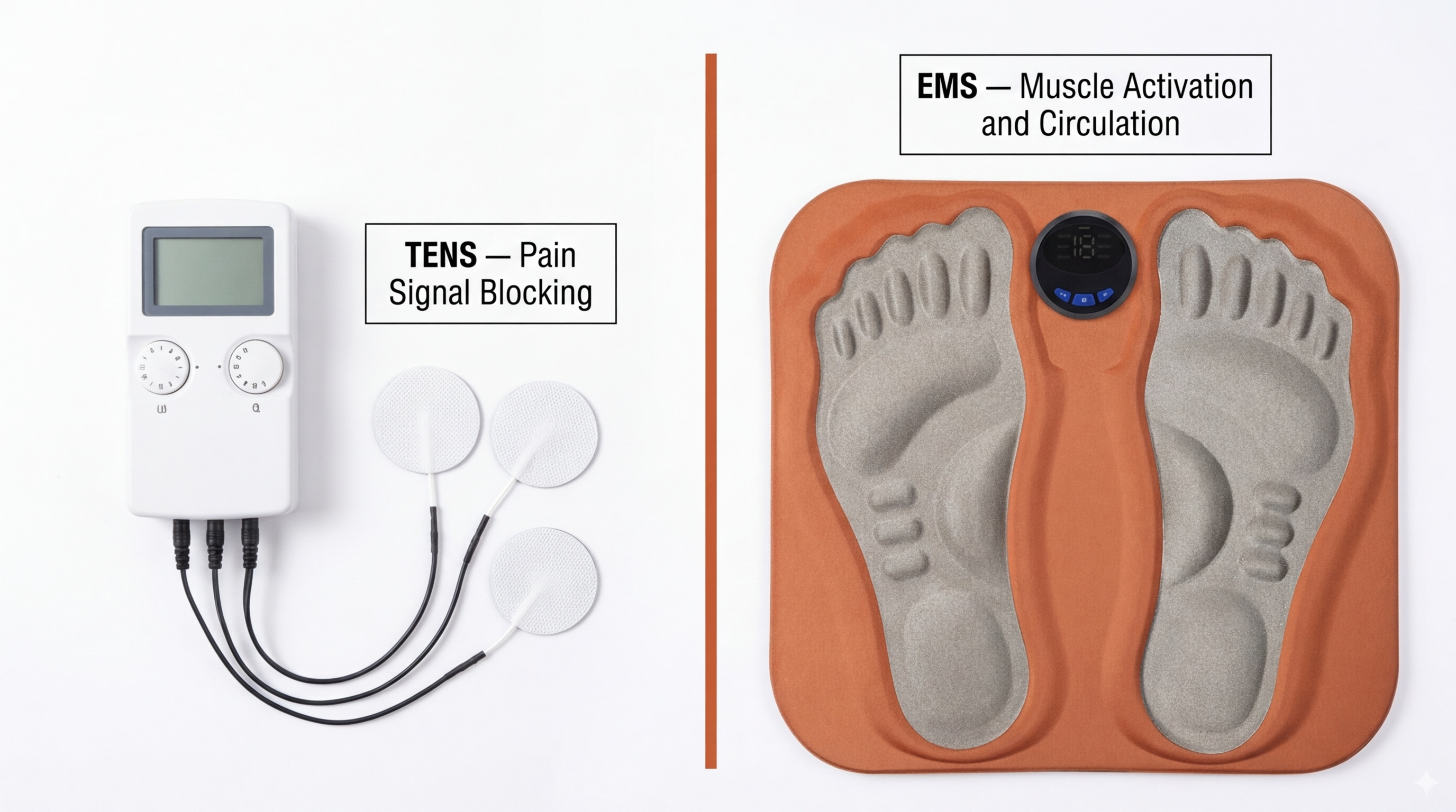 TENS unit versus CircuFlow EMS mat — pain blocking versus circulation activation